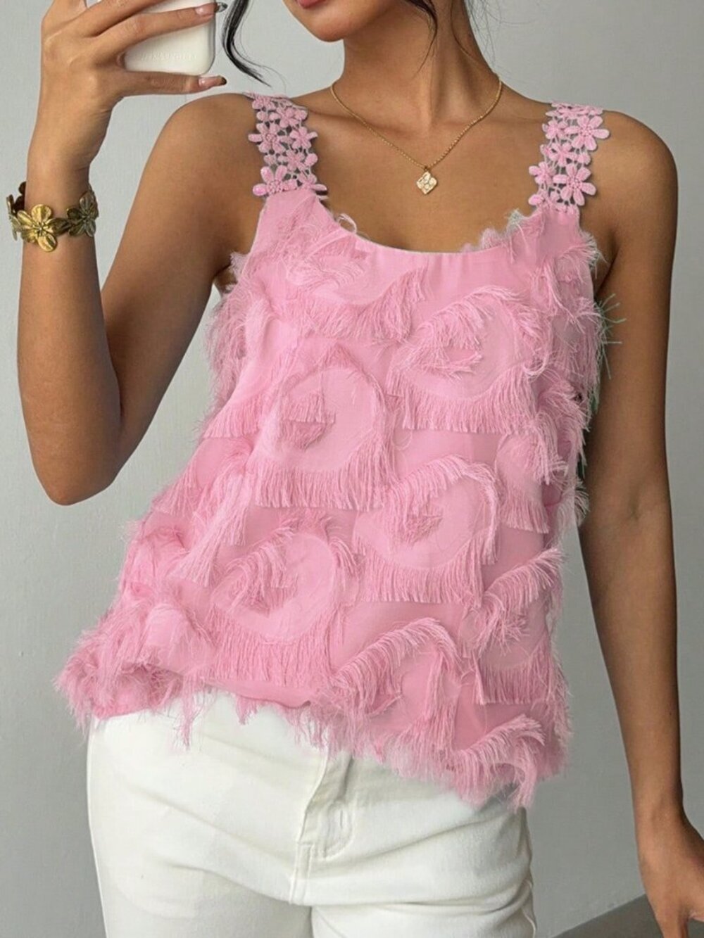 Pink Casual Women's Elegant Floral Lace Patchwork Textured Sleeveless Top - Picture 1 of 7